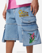 הַלבָּשָׁה GCDS ברמודה ג'ינס אולטרה-קארגו רקומה כחול בהיר חדש גברים 0028126 - Image 5